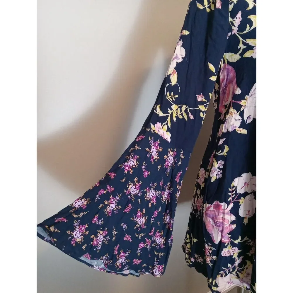 Free People Tate Midnight Blue Floral Print Mock Neck Bell Sleeve Tunic Size XS‎